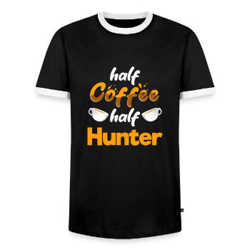 Half Coffee Half Hunter Funny Hunting Humor - Men's Ringer Shirt - black/white - Front - AI Model Female 172 light (172cm) & AI Model Male 178 light (178cm)