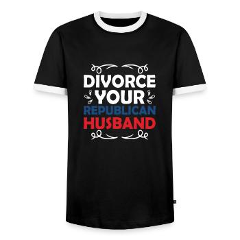 Divorce Your Republican Husband Divorcee Ex-Wife W - Men's Ringer Shirt - black/white - Front - AI Model Female 172 light (172cm) & AI Model Male 178 light (178cm)