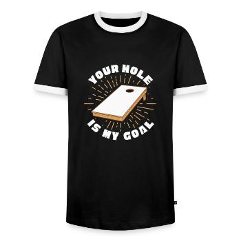 Your Hole Is My Goal Baggo Cornhole - Men's Ringer Shirt - black/white - Front - AI Model Female 172 light (172cm) & AI Model Male 178 light (178cm)