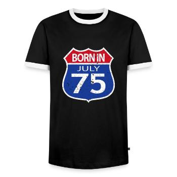 Born in July 1975 - Men's Ringer Shirt - black/white - Front - AI Model Female 172 light (172cm) & AI Model Male 178 light (178cm)