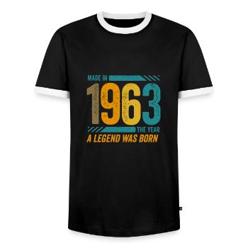 Made in 1963, the year a legend was born - Men's Ringer Shirt - black/white - Front - AI Model Female 172 light (172cm) & AI Model Male 178 light (178cm)