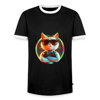 Cat Glasses Turntable DJ Disco Club Headphones - Men's Ringer Shirt - black/white - Front - AI Model Female 172 light (172cm) & AI Model Male 178 light (178cm)