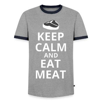 Keep Calm And Eat Meat - Men's Ringer Shirt - grey/navy  - Front - AI Model Female 172 light (172cm) & AI Model Male 178 light (178cm)