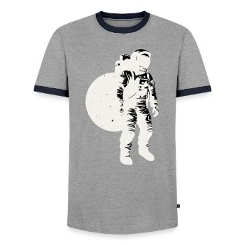 Astronaut silhouette white, moon background - Men's Ringer Shirt - grey/navy  - Front - AI Model Female 172 light (172cm) & AI Model Male 178 light (178cm)