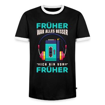 70s, 80s und 90s Jahre Musik Retro Walkman - Männer Kontrast-T-Shirt - Schwarz/Weiß - Vorne - AI Model Female 172 light (172cm) & AI Model Male 178 light (178cm)