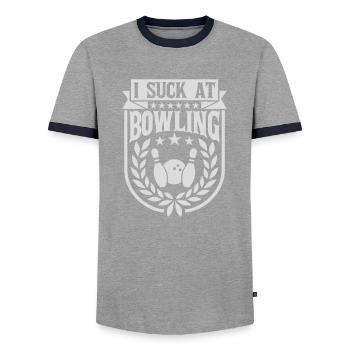 I suck at bowling - Men's Ringer Shirt - grey/navy  - Front - AI Model Female 172 light (172cm) & AI Model Male 178 light (178cm)