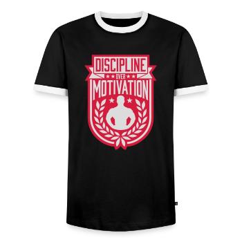 discipline over motivation Zitat - Männer Kontrast-T-Shirt - Schwarz/Weiß - Vorne - AI Model Female 172 light (172cm) & AI Model Male 178 light (178cm)