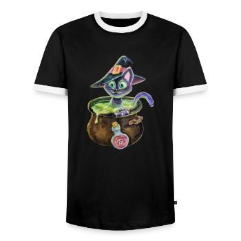 Witch cat in a pot - Men's Ringer Shirt - black/white - Front - AI Model Female 172 light (172cm) & AI Model Male 178 light (178cm)