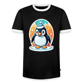 Penguin Christmas Illustration - Men's Ringer Shirt - black/white - Front - AI Model Female 172 light (172cm) & AI Model Male 178 light (178cm)