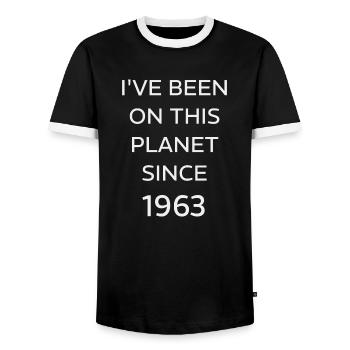 I VE BEEN ON THIS PLANET SINCE 1963 - Men's Ringer Shirt - black/white - Front - AI Model Female 172 light (172cm) & AI Model Male 178 light (178cm)