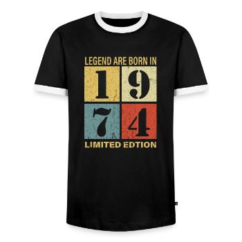 Original Calendar 1974 Vintage Birthday Rec - Men's Ringer Shirt - black/white - Front - AI Model Female 172 light (172cm) & AI Model Male 178 light (178cm)