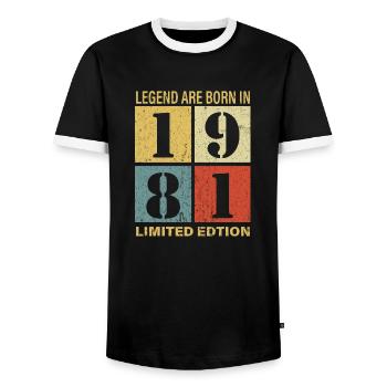 Original Calendar 1981 Vintage Birthday Rec - Men's Ringer Shirt - black/white - Front - AI Model Female 172 light (172cm) & AI Model Male 178 light (178cm)