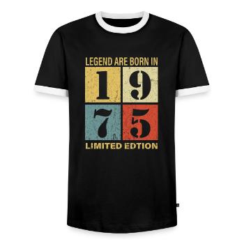 Original Calendar 1975 Vintage Birthday Rec - Men's Ringer Shirt - black/white - Front - AI Model Female 172 light (172cm) & AI Model Male 178 light (178cm)