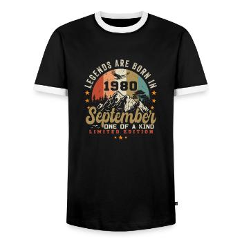 Septembre 1980, né en septembre 1980 - T-shirt contrasté Homme - noir/blanc - Devant - AI Model Female 172 light (172cm) & AI Model Male 178 light (178cm)