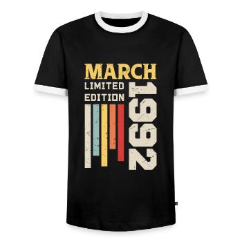 March 1992 - Birthday Gift March 1992 March - Men's Ringer Shirt - black/white - Front - AI Model Female 172 light (172cm) & AI Model Male 178 light (178cm)