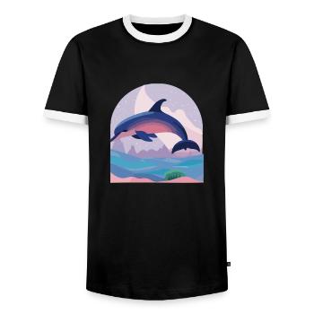Skipping Dolphin (Dreamy Animals Collection) - Men's Ringer Shirt - black/white - Front - AI Model Female 172 light (172cm) & AI Model Male 178 light (178cm)