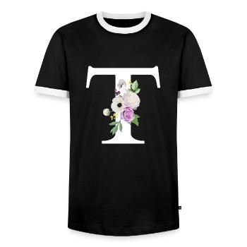 Purple Floral Letter T - Men's Ringer Shirt - black/white - Front - AI Model Female 172 light (172cm) & AI Model Male 178 light (178cm)
