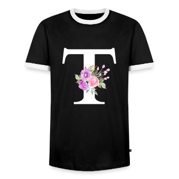 Purple Floral Letter T - Men's Ringer Shirt - black/white - Front - AI Model Female 172 light (172cm) & AI Model Male 178 light (178cm)