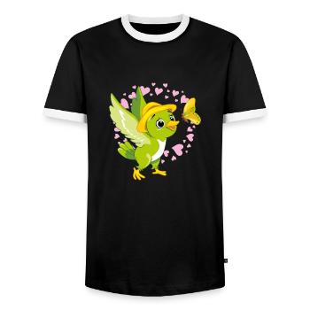 Cute green bird playing with butterfly - Men's Ringer Shirt - black/white - Front - AI Model Female 172 light (172cm) & AI Model Male 178 light (178cm)