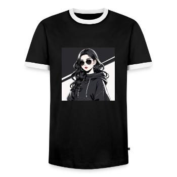 Femme Anime Rétro-Futuriste En Noir - T-shirt contrasté Homme - noir/blanc - Devant - AI Model Female 172 light (172cm) & AI Model Male 178 light (178cm)