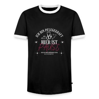Ich bin Pflegekraft Pause = Verschwörungsthoerie - Männer Kontrast-T-Shirt - Schwarz/Weiß - Vorne - AI Model Female 172 light (172cm) & AI Model Male 178 light (178cm)