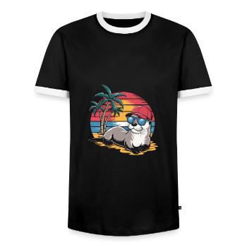 Loutre avec lunettes de soleil et casquette de baseball sur la plage - T-shirt contrasté Homme - noir/blanc - Devant - AI Model Female 172 light (172cm) & AI Model Male 178 light (178cm)
