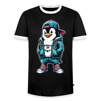 Hipster Penguin Waddle On with Style - Men's Ringer Shirt - black/white - Front - AI Model Female 172 light (172cm) & AI Model Male 178 light (178cm)