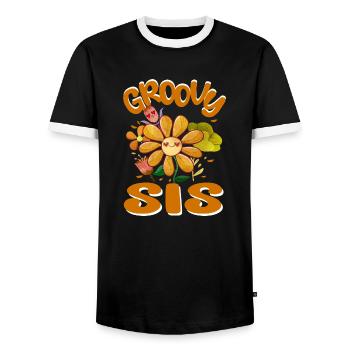 Groovy Sis Family Matching Vintage Family Outfit - Men's Ringer Shirt - black/white - Front - AI Model Female 172 light (172cm) & AI Model Male 178 light (178cm)
