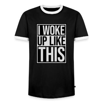 woke up like this - Men's Ringer Shirt - black/white - Front - AI Model Female 172 light (172cm) & AI Model Male 178 light (178cm)