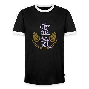 Reiki - Energy - Men's Ringer Shirt - black/white - Front - AI Model Female 172 light (172cm) & AI Model Male 178 light (178cm)