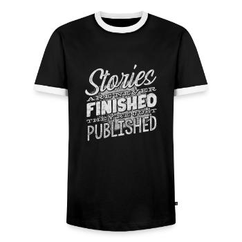 Journalist Journalism Stories Are Never Finished - Männer Kontrast-T-Shirt - Schwarz/Weiß - Vorne - AI Model Female 172 light (172cm) & AI Model Male 178 light (178cm)