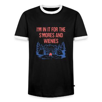 In for S'mores & Wienies Camping Foodie Camper - Men's Ringer Shirt - black/white - Front - AI Model Female 172 light (172cm) & AI Model Male 178 light (178cm)