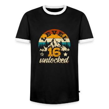 Niveau 16 débloqué - Gamer - Anniversaire - Cadeau - T-shirt contrasté Homme - noir/blanc - Devant - AI Model Female 172 light (172cm) & AI Model Male 178 light (178cm)