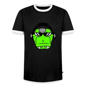 Cool DJ dinosaure T-Rex visage Musique de fête - T-shirt contrasté Homme - noir/blanc - Devant - AI Model Female 172 light (172cm) & AI Model Male 178 light (178cm)
