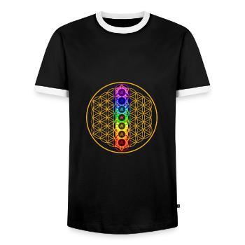 Flower of Life with 7 Chakras - Men's Ringer Shirt - black/white - Front - AI Model Female 172 light (172cm) & AI Model Male 178 light (178cm)