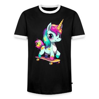 Licorne sur une planche à roulettes - T-shirt contrasté Homme - noir/blanc - Devant - AI Model Female 172 light (172cm) & AI Model Male 178 light (178cm)