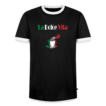 La Dolce Vita coffee - Men's Ringer Shirt - black/white - Front - AI Model Female 172 light (172cm) & AI Model Male 178 light (178cm)