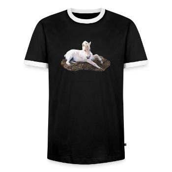 Lying foal in straw, baby animal designs - Men's Ringer Shirt - black/white - Front - AI Model Female 172 light (172cm) & AI Model Male 178 light (178cm)