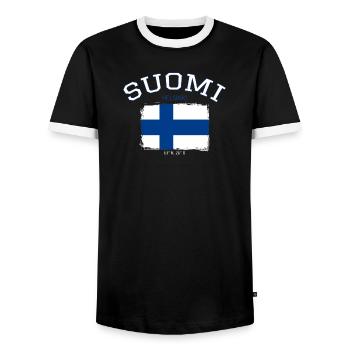Finland flag with Helsinki reference - Men's Ringer Shirt - black/white - Front - AI Model Female 172 light (172cm) & AI Model Male 178 light (178cm)