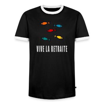retirement. GOOD RETIREMENT. HAPPY RETIREMENT - Men's Ringer Shirt - black/white - Front - AI Model Female 172 light (172cm) & AI Model Male 178 light (178cm)