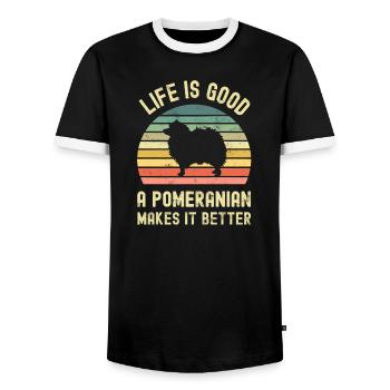 Hund Pomeranian - Männer Kontrast-T-Shirt - Schwarz/Weiß - Vorne - AI Model Female 172 light (172cm) & AI Model Male 178 light (178cm)
