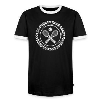 Tennis racket with tennis ball and wreath of honour - Men's Ringer Shirt - black/white - Front - AI Model Female 172 light (172cm) & AI Model Male 178 light (178cm)