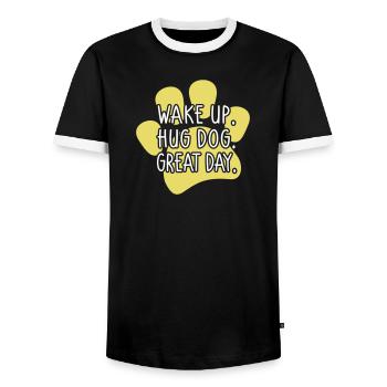 Wake Up Hug Dog Great Day - funny dog saying - Men's Ringer Shirt - black/white - Front - AI Model Female 172 light (172cm) & AI Model Male 178 light (178cm)