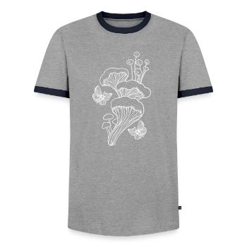 Mushroom Line Art - Men's Ringer Shirt - grey/navy  - Front - AI Model Female 172 light (172cm) & AI Model Male 178 light (178cm)