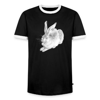 WHITE RABBIT | Schneehase nach Albrecht Dürer - Männer Kontrast-T-Shirt - Schwarz/Weiß - Vorne - AI Model Female 172 light (172cm) & AI Model Male 178 light (178cm)