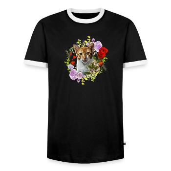 Katze lachend mit Rose für die Liebe - Männer Kontrast-T-Shirt - Schwarz/Weiß - Vorne - AI Model Female 172 light (172cm) & AI Model Male 178 light (178cm)