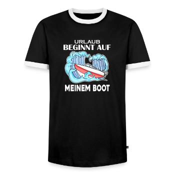 Urlaub Motorboot Kapitän Bootsführerschein - Männer Kontrast-T-Shirt - Schwarz/Weiß - Vorne - AI Model Female 172 light (172cm) & AI Model Male 178 light (178cm)