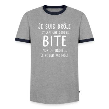 Je suis drôle et j'ai une grosse bite - T-shirt contrasté Homme - gris/marine  - Devant - AI Model Female 172 light (172cm) & AI Model Male 178 light (178cm)
