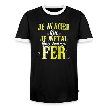 Je m'acier ou je métal que dois-je faire humour - T-shirt contrasté Homme - noir/blanc - Devant - AI Model Female 172 light (172cm) & AI Model Male 178 light (178cm)