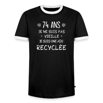 ado recyclée, anniversaire 74 ans, j'ai 74 ans - T-shirt contrasté Homme - noir/blanc - Devant - AI Model Female 172 light (172cm) & AI Model Male 178 light (178cm)